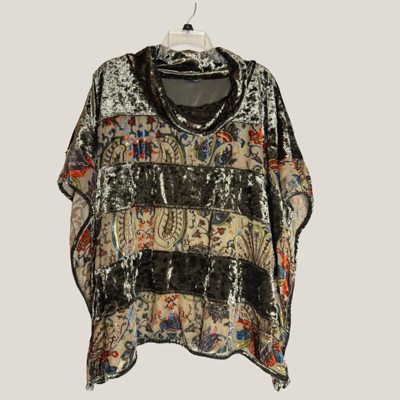 Boho Velvet Patchwork Cowl Neck Poncho Top – Artistic Paisley Print, XL - Picture 1 of 7